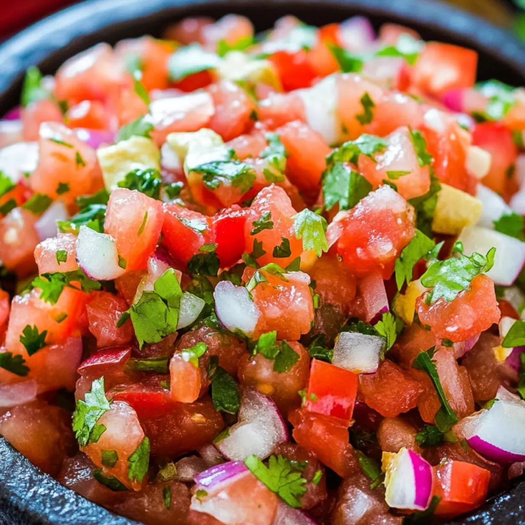 Chunky salsa loaded with tomatoes, onions, and cilantro sits in a bowl.