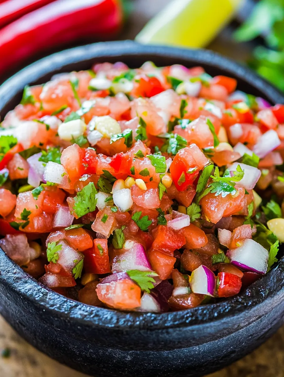 A bowl of salsa showing tomatoes, peppers, and onions.