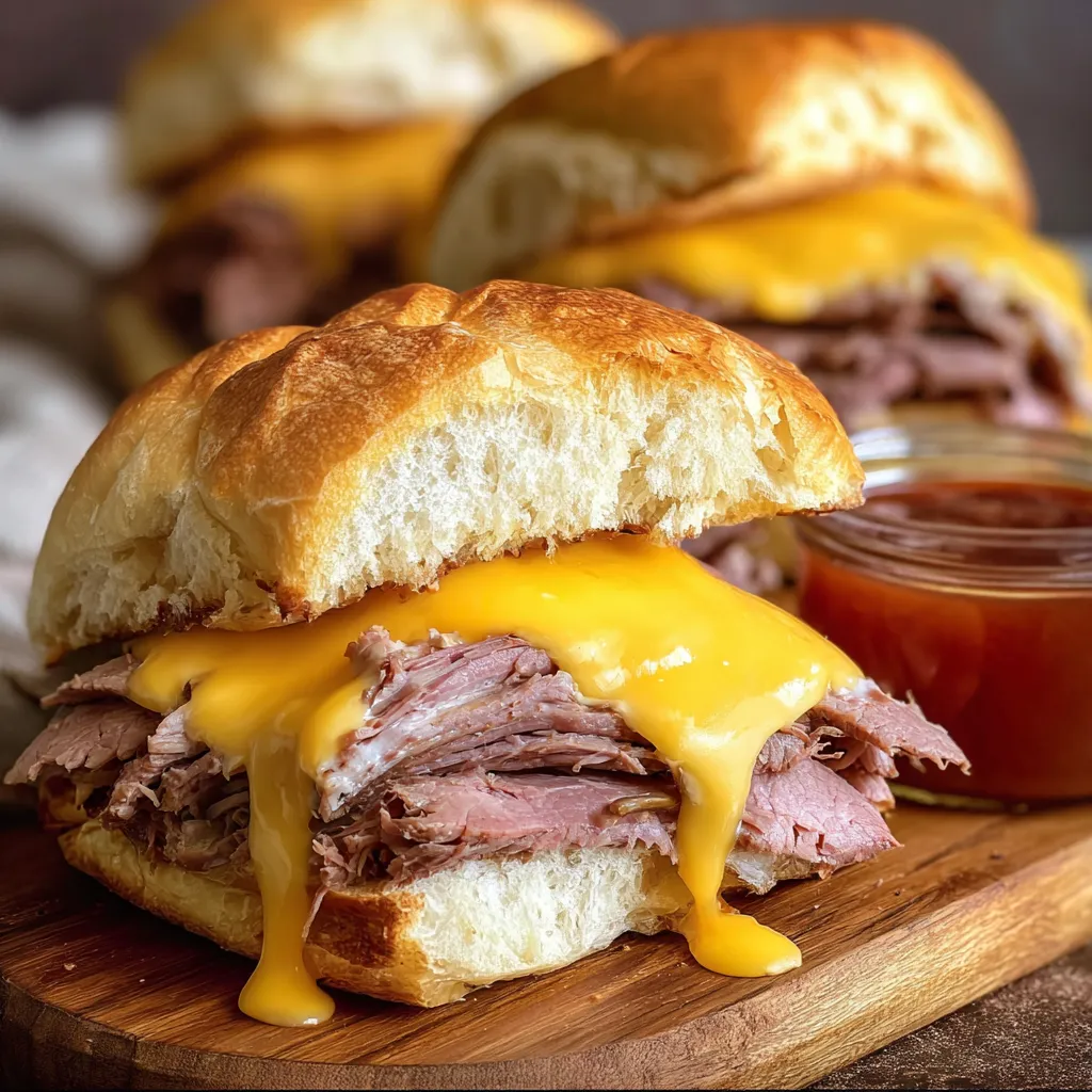 Toasty sandwich piled high with beef and gooey cheddar on a wooden board.