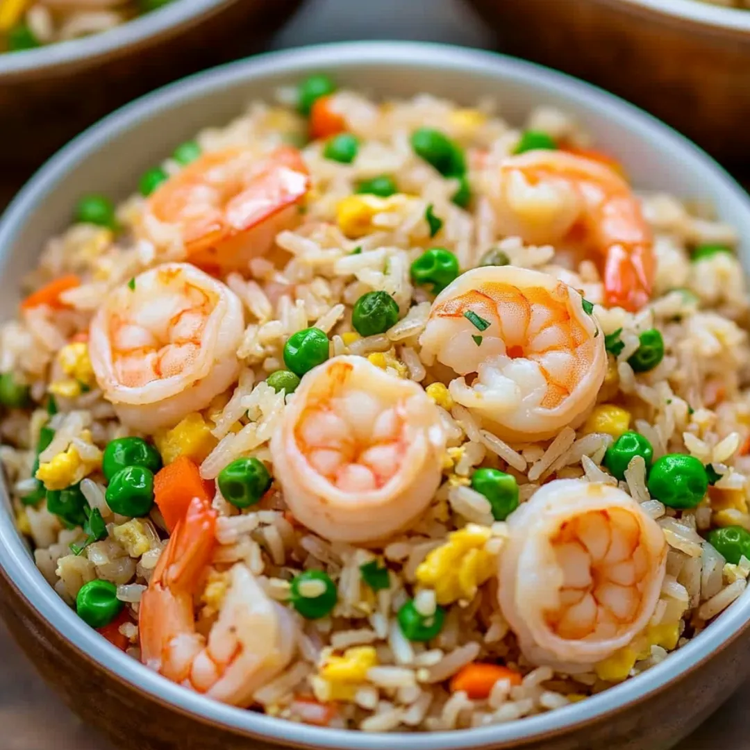 Bowl filled with shrimp, peas, and rice.