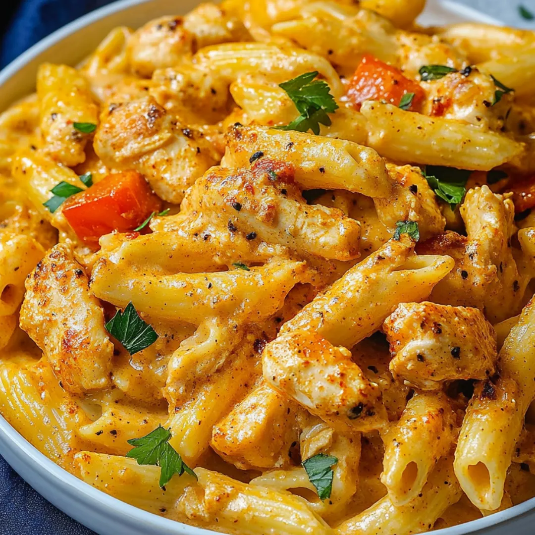 Pasta bowl loaded with chicken, colorful veggies, and creamy sauce.