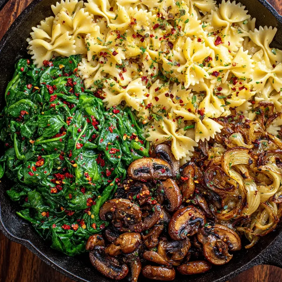 Pasta with mushrooms and spinach in a skillet.