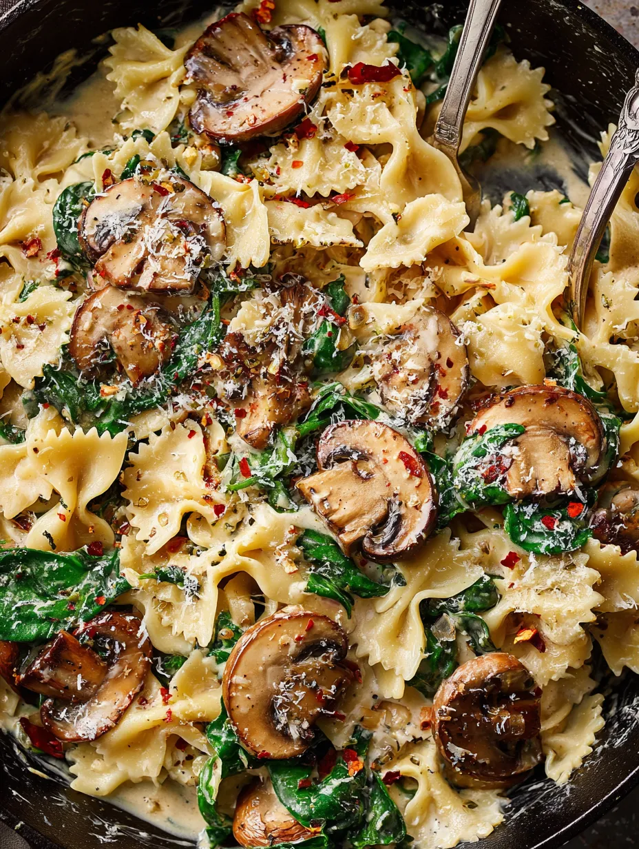 A bowl filled with farfalle, mushrooms, and spinach in creamy sauce.