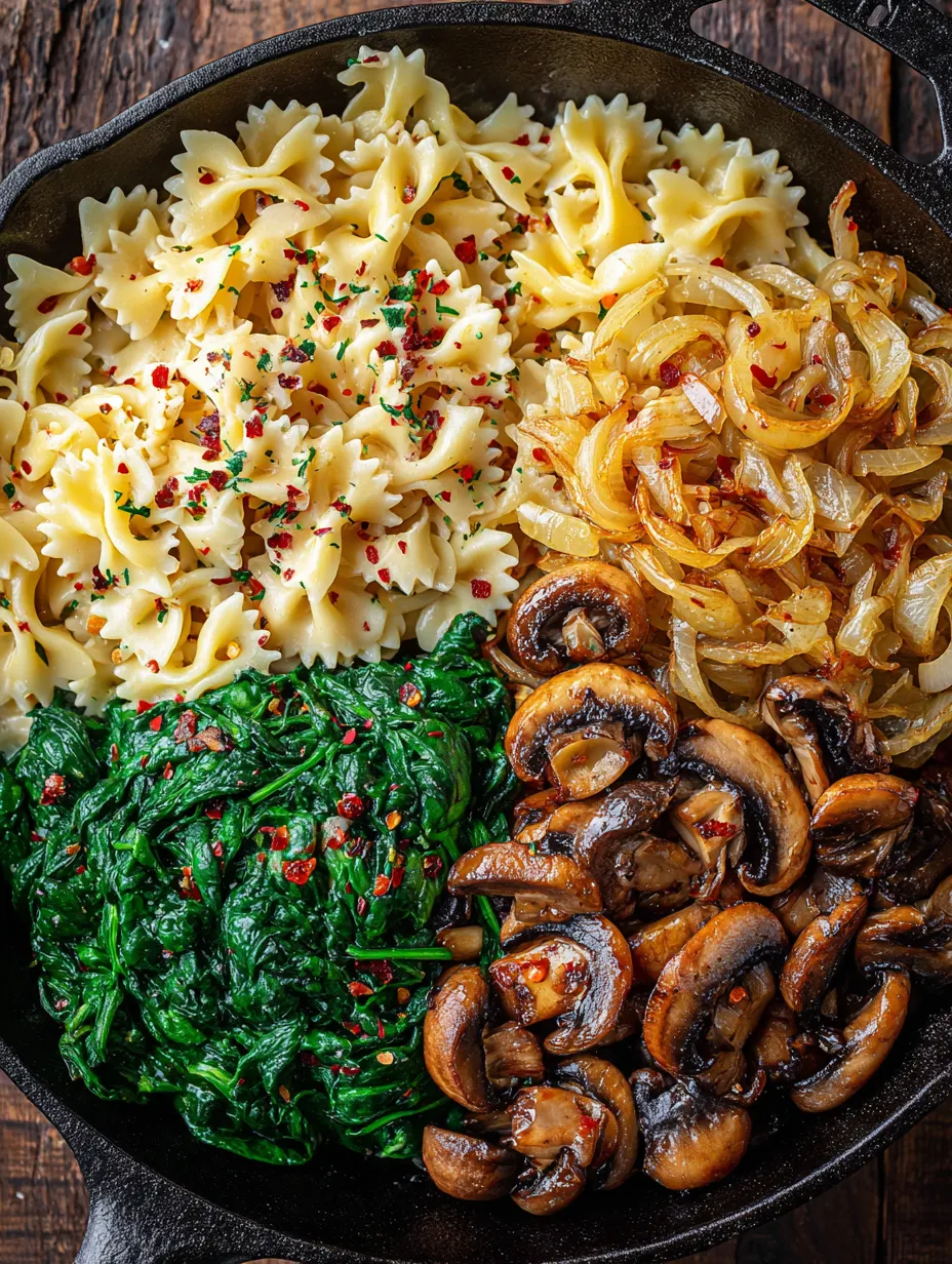 A bowl with pasta, mushrooms, and onions in white sauce.