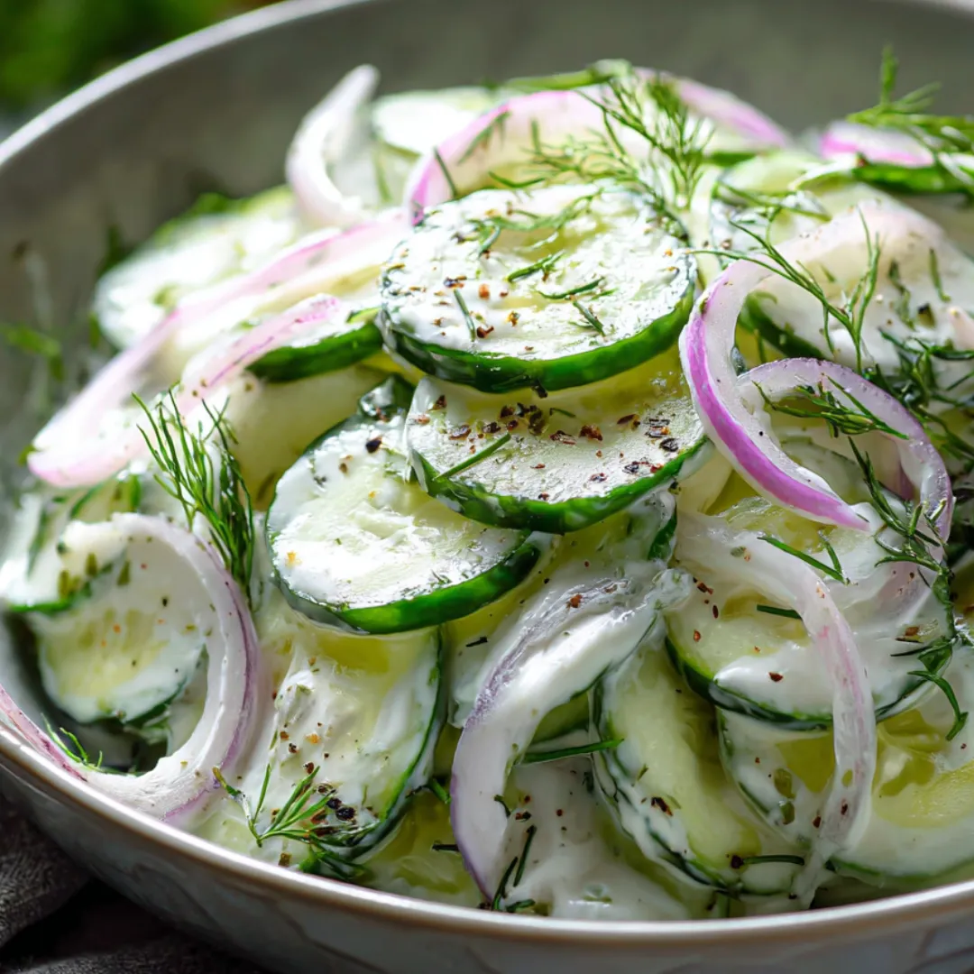 Bowl filled with cucumber slices and red onions.
