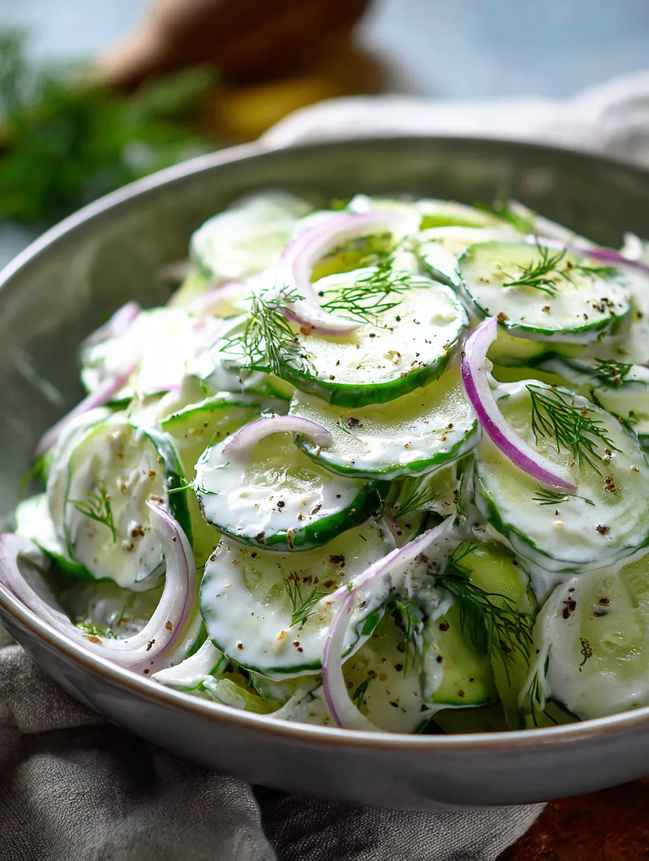 Crisp cucumber salad in a serving bowl.