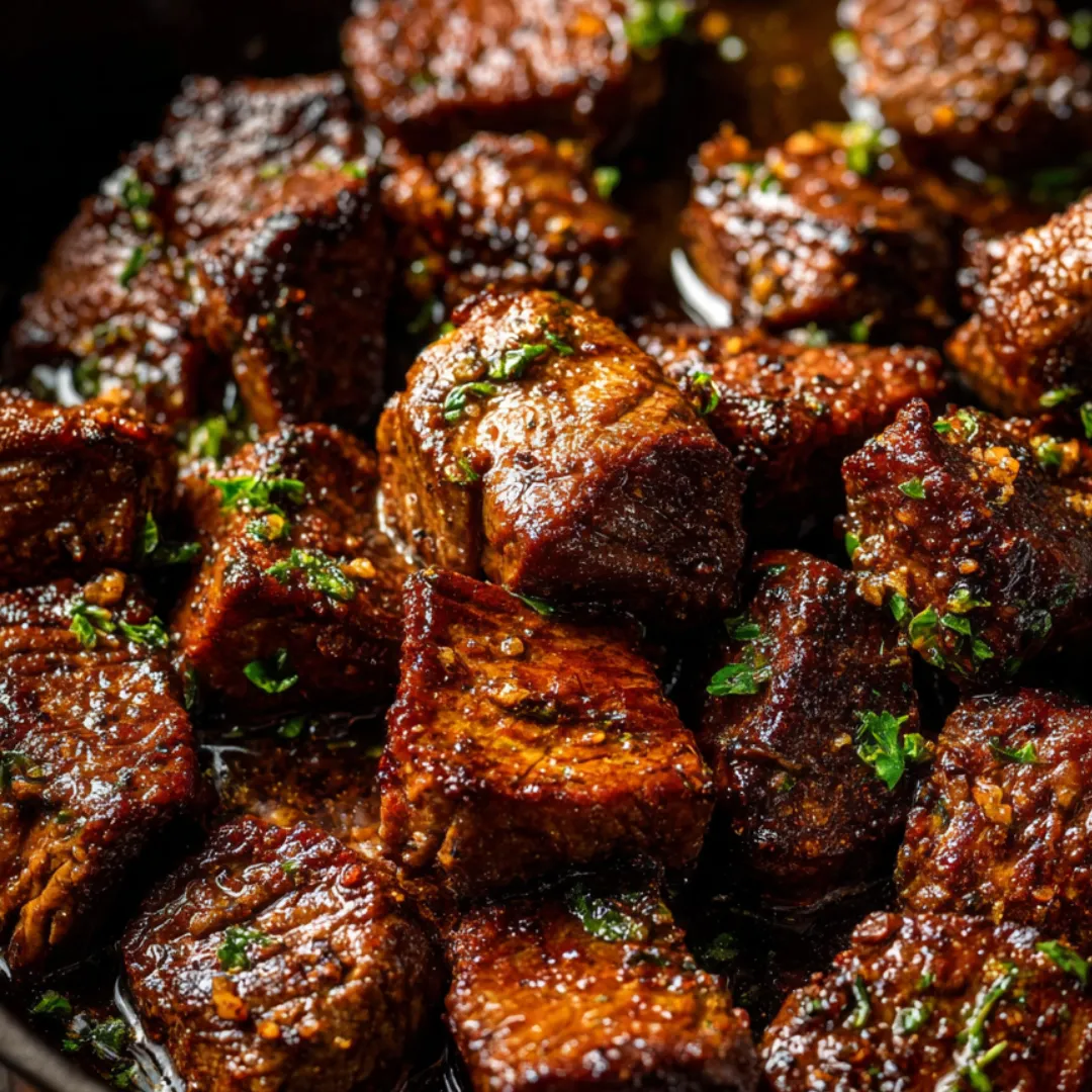 A juicy pile of steak bites close up on a plate.