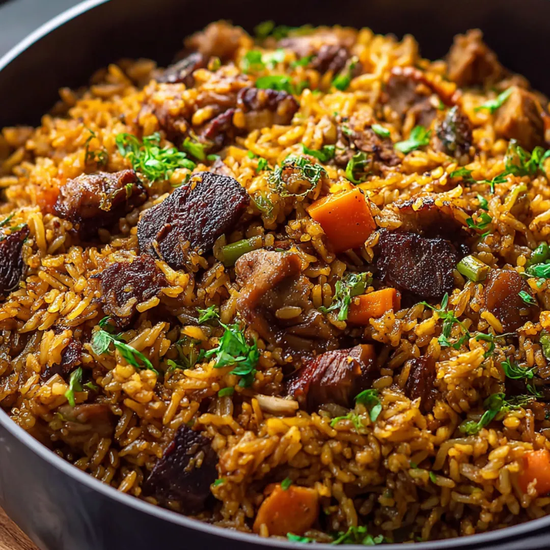 Rice and chicken mixed with veggies in a bowl.