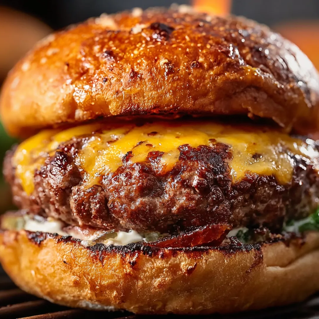 Burger stacked high with bacon and cheddar on a bun.