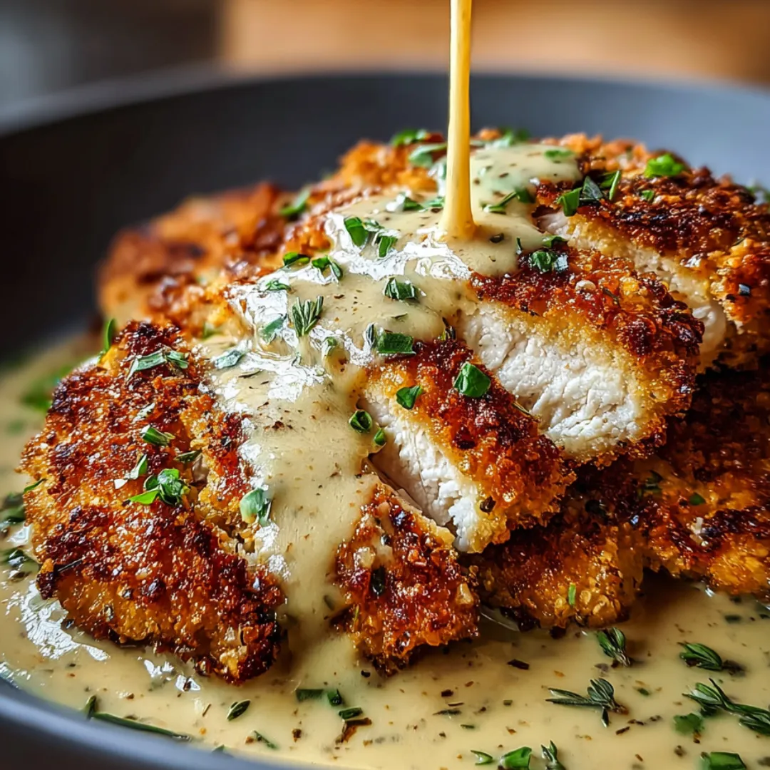 Chicken with golden crust and creamy sauce on a plate.