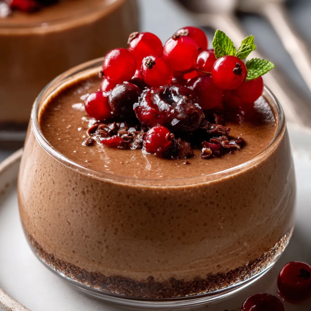 A chocolate dessert topped with fresh berries.