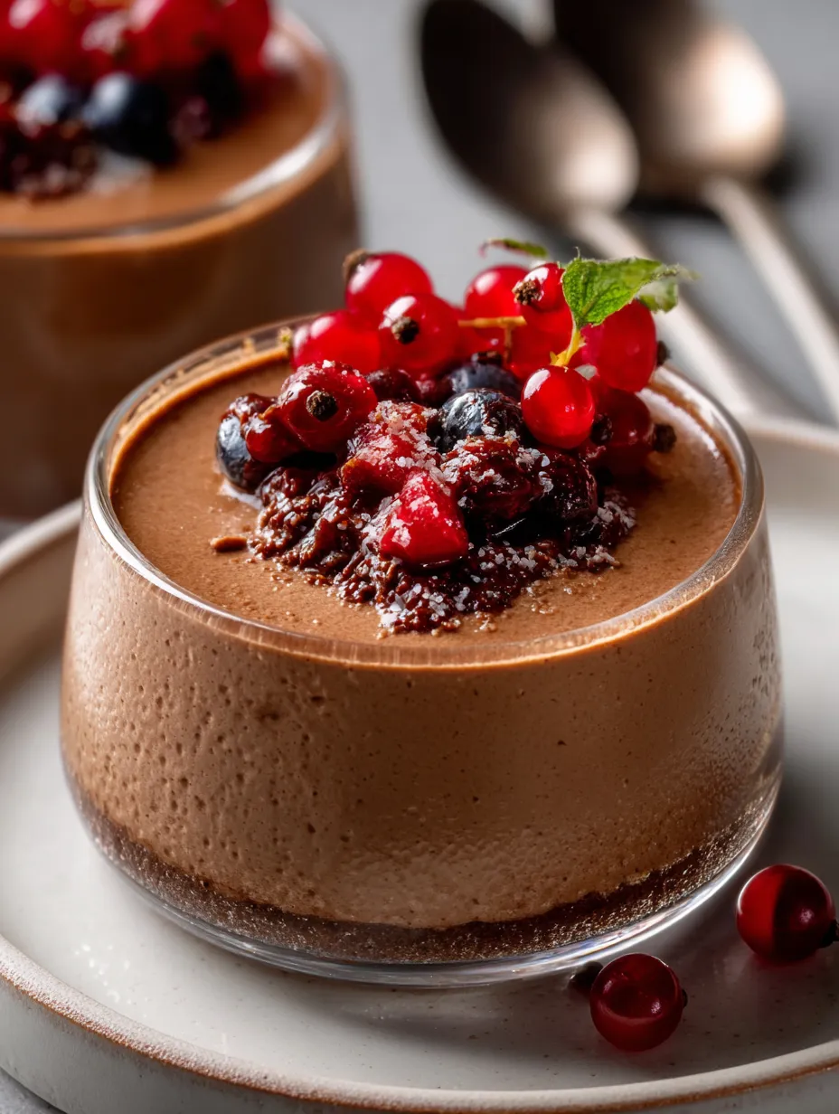A chocolate dessert with berries on top.