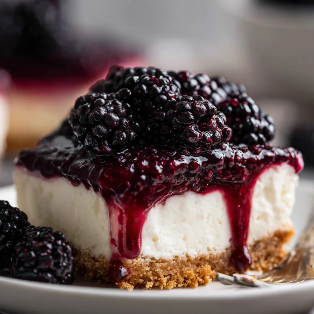 A slice of cheesecake piled with fresh blackberries.