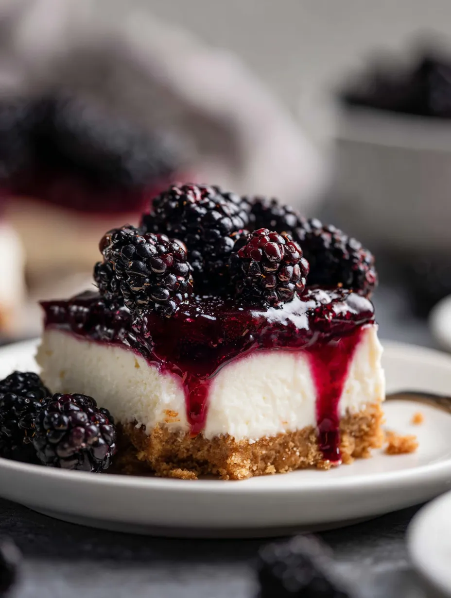 A slice of cheesecake topped with blackberries.