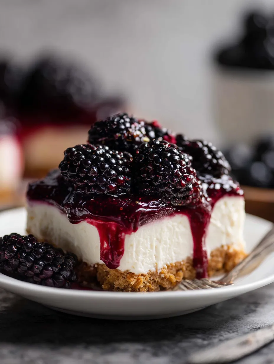 A slice of cheesecake topped with blackberries.
