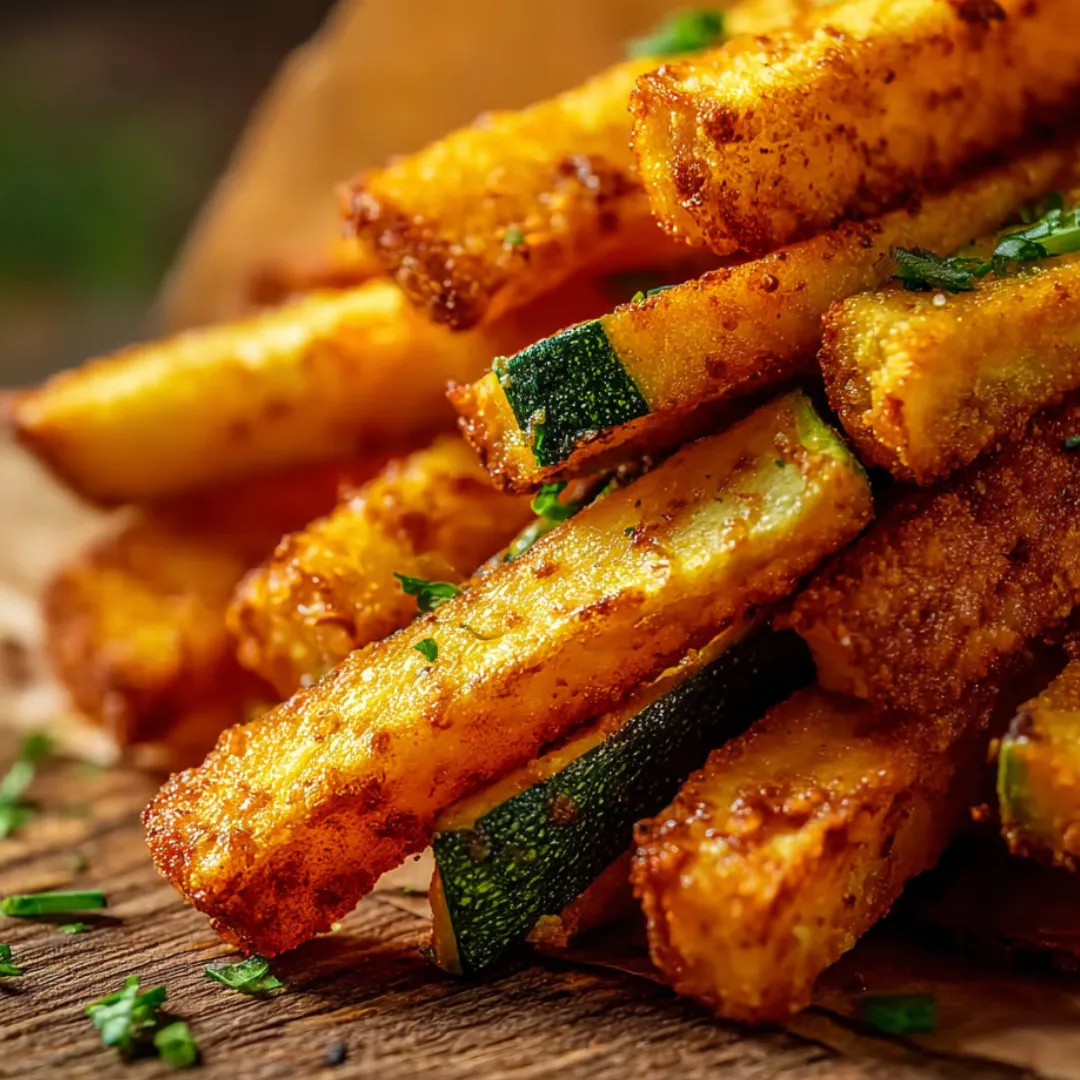 Fried zucchini piled on a wood tabletop.
