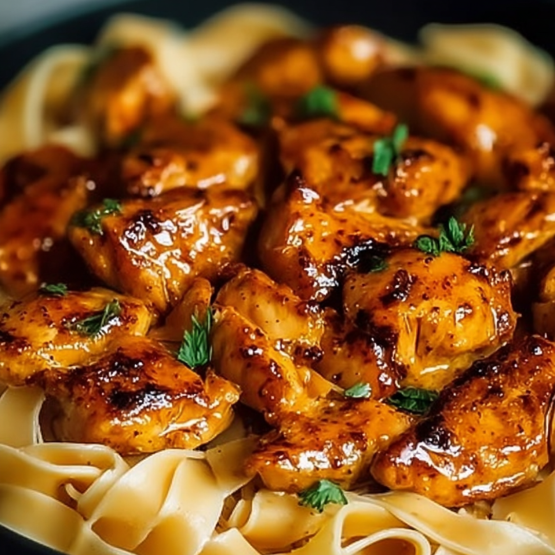 Chicken plus pasta piled up on a plate.