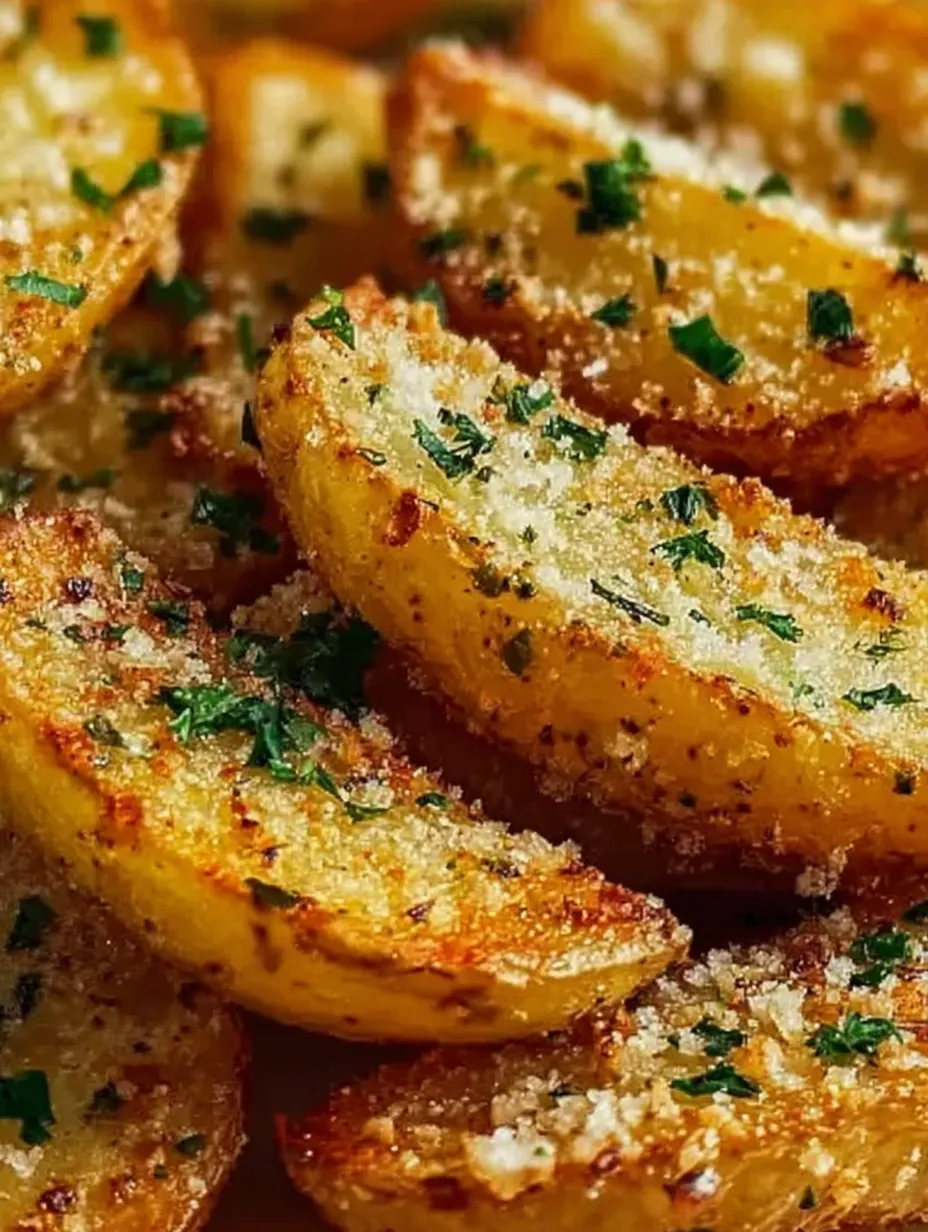 Potato wedge topped with fresh parsley close up.