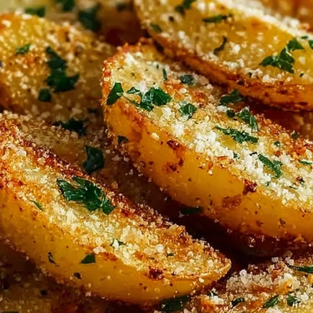 Seasoned potato wedge up close, looking crispy.