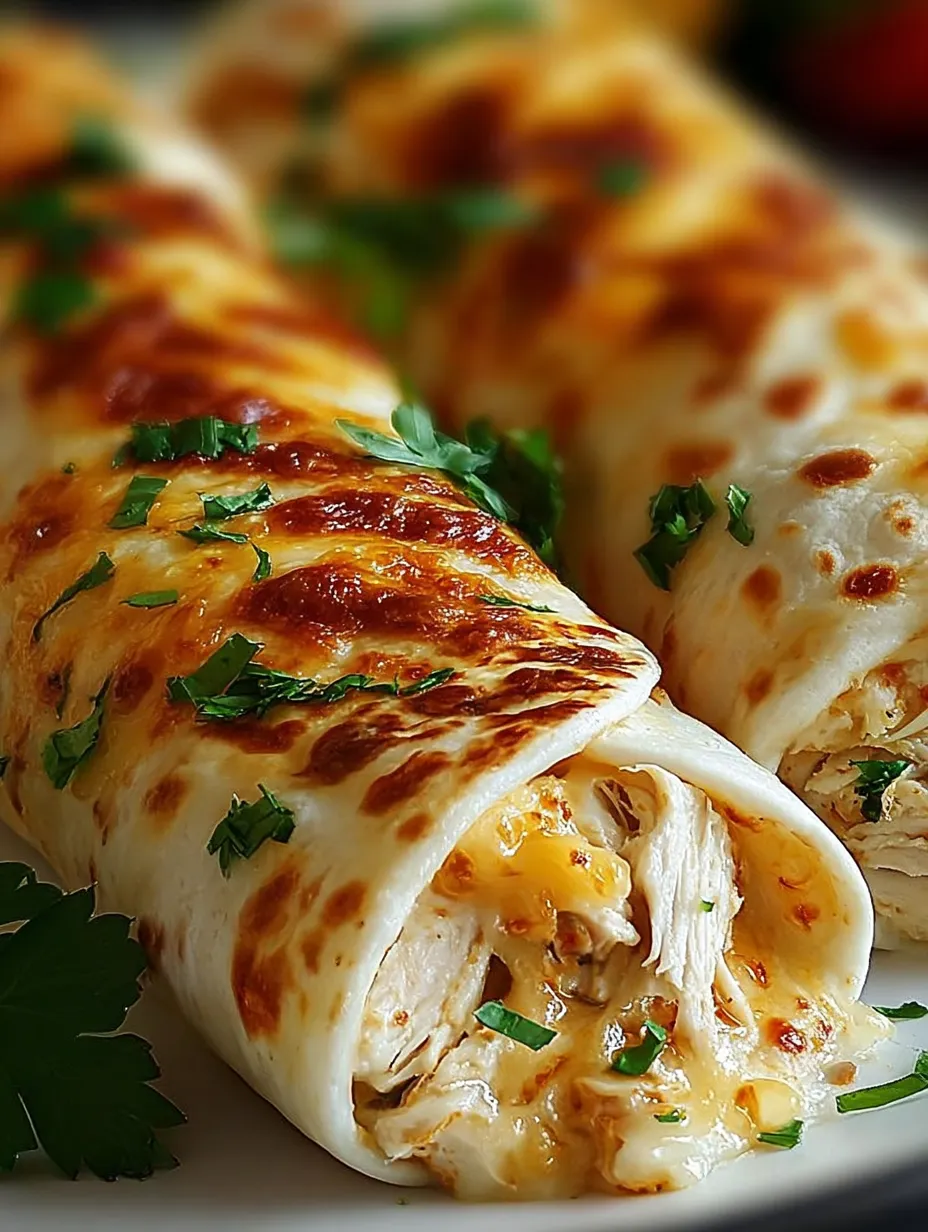 One cheesy chicken wrap whole and one open, on a plate.
