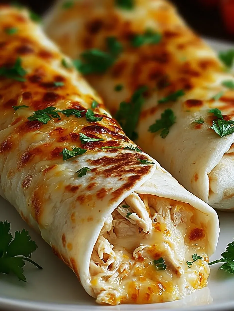 Two flour wraps with chicken, lettuce, and lots of melted cheese inside.