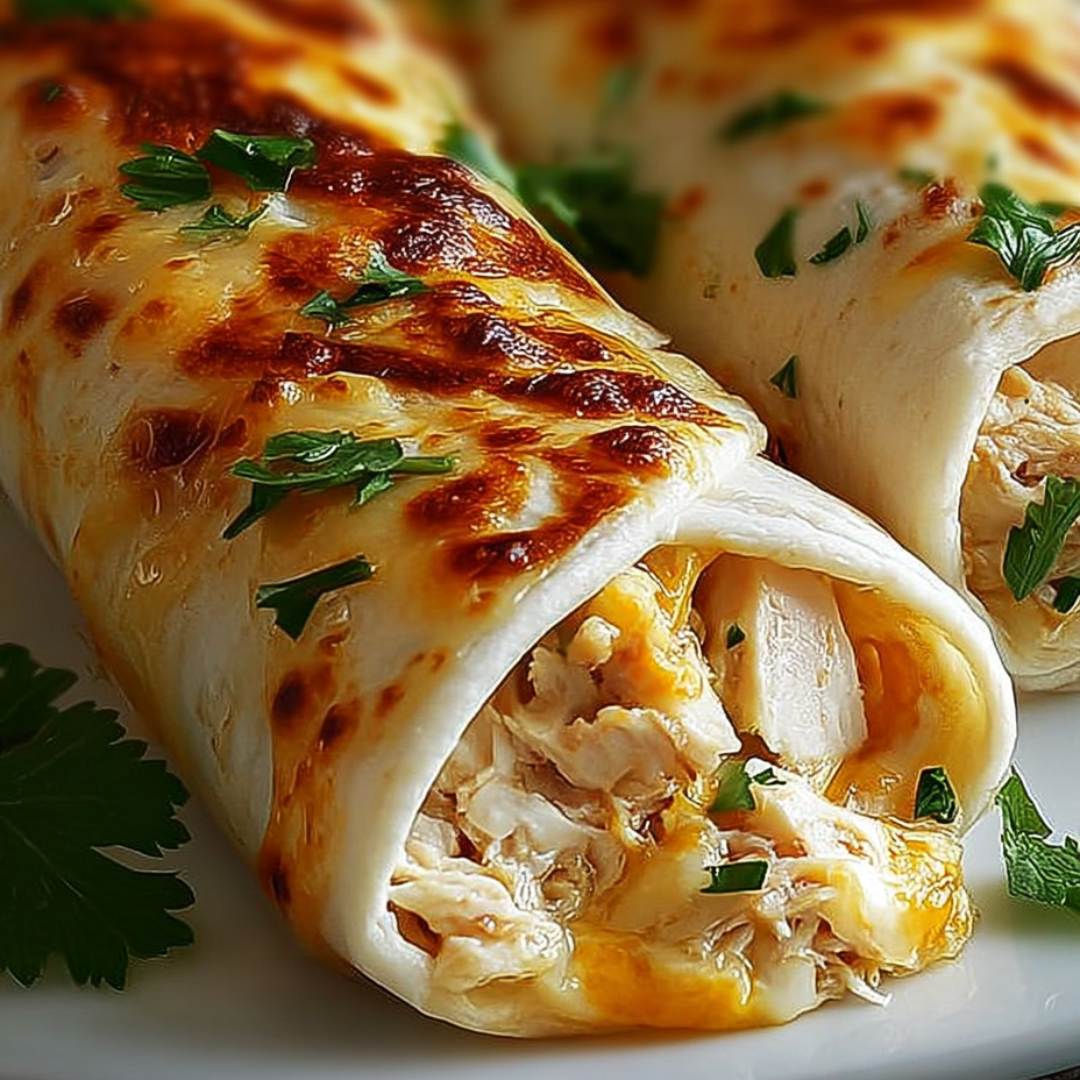 Plate holding two chicken wraps ready to eat.
