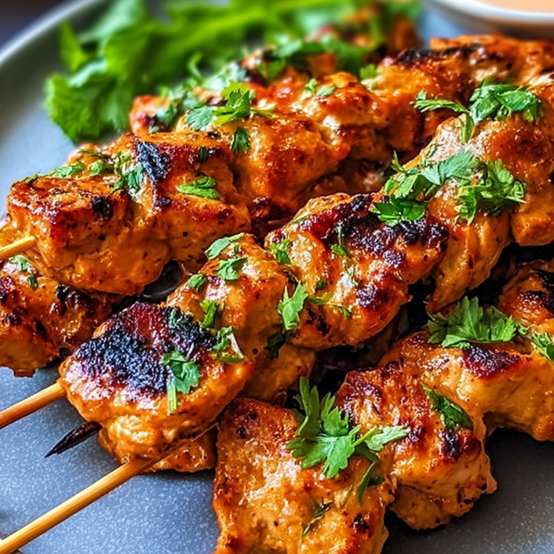 A plate with juicy grilled chicken skewers piled up.