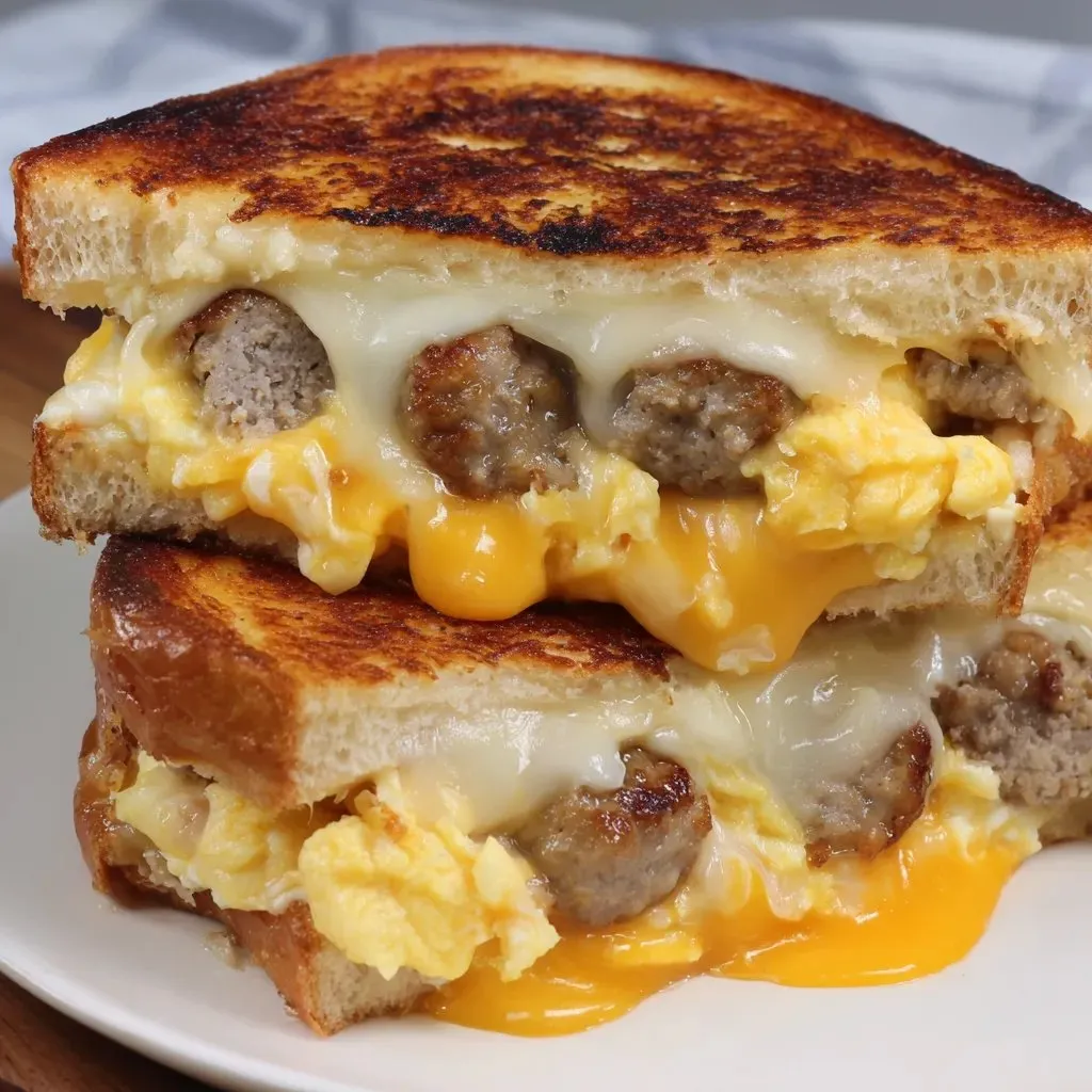 Cheesy grilled sandwich with eggs and sausage.