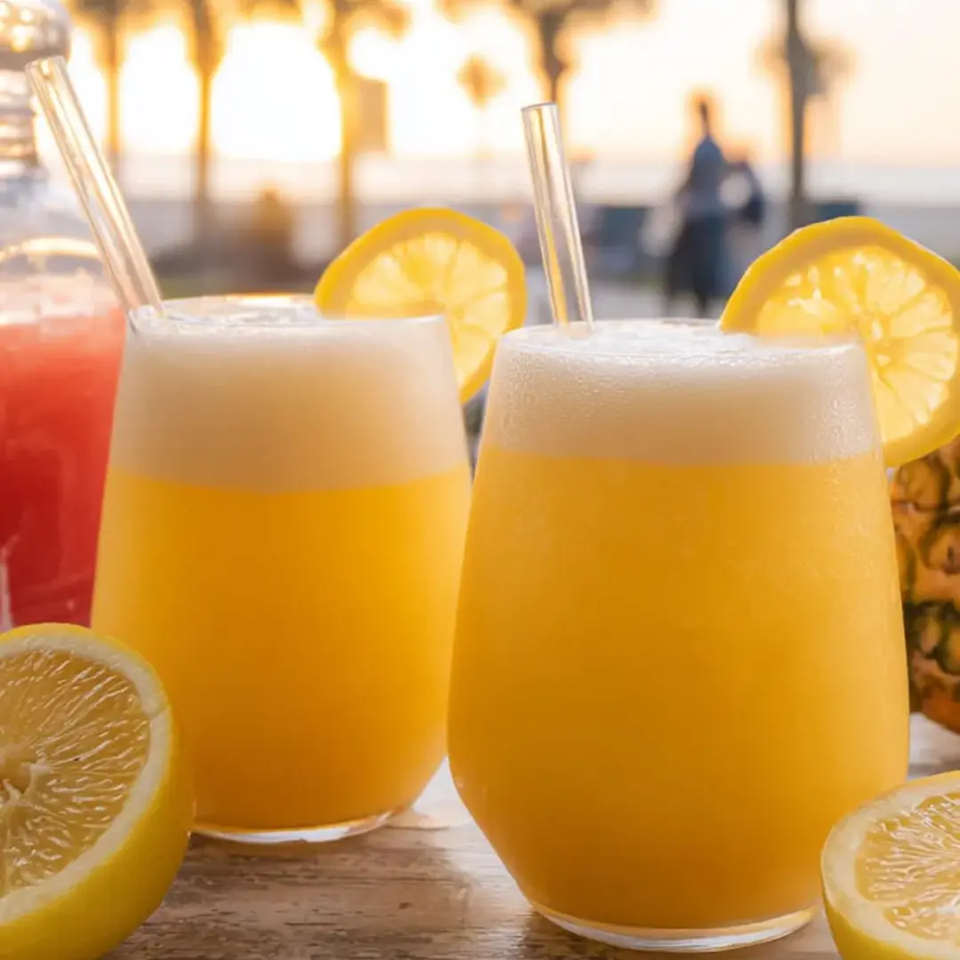 Three cold glasses of lemony punch on a tabletop.