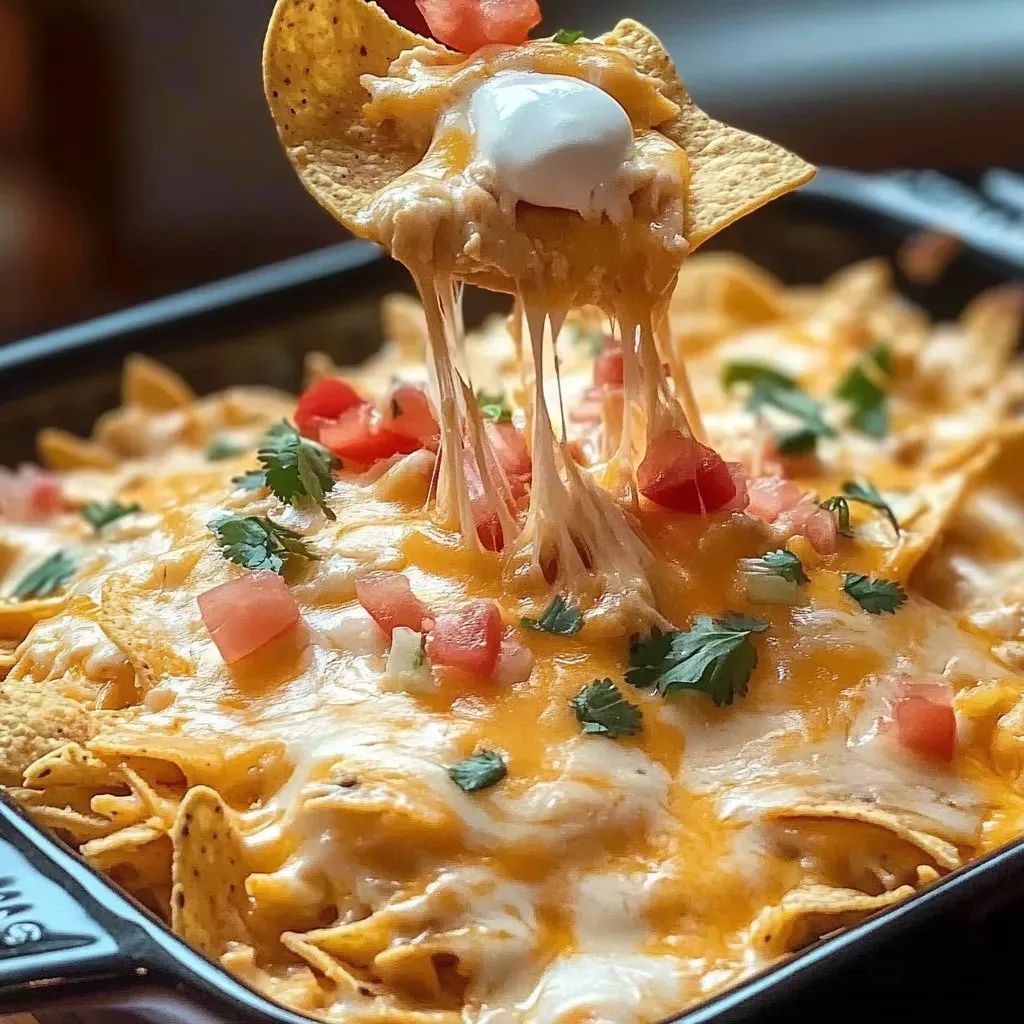 Cheesy nachos in a bowl with tomatoes on top.