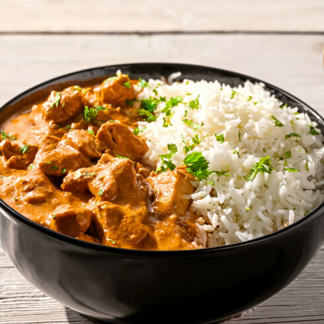 Rice and juicy chicken pieces in a bowl.