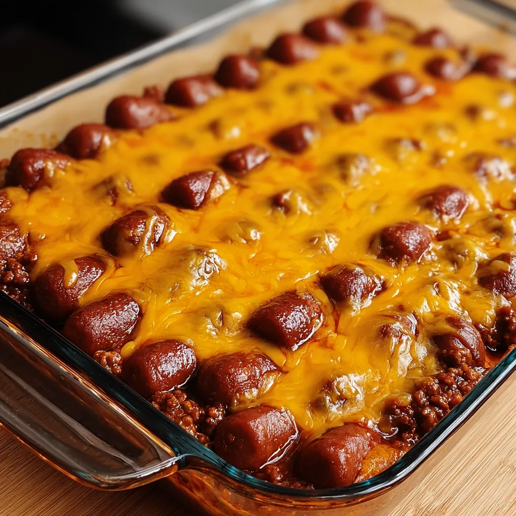 Glass dish filled with chili, melty cheese, and hot dogs.