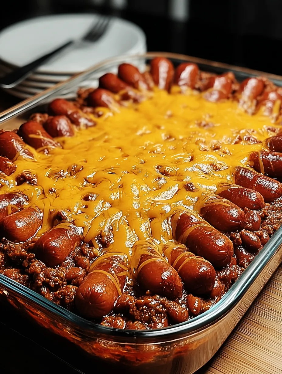 A pan of chili with hot dogs in it.