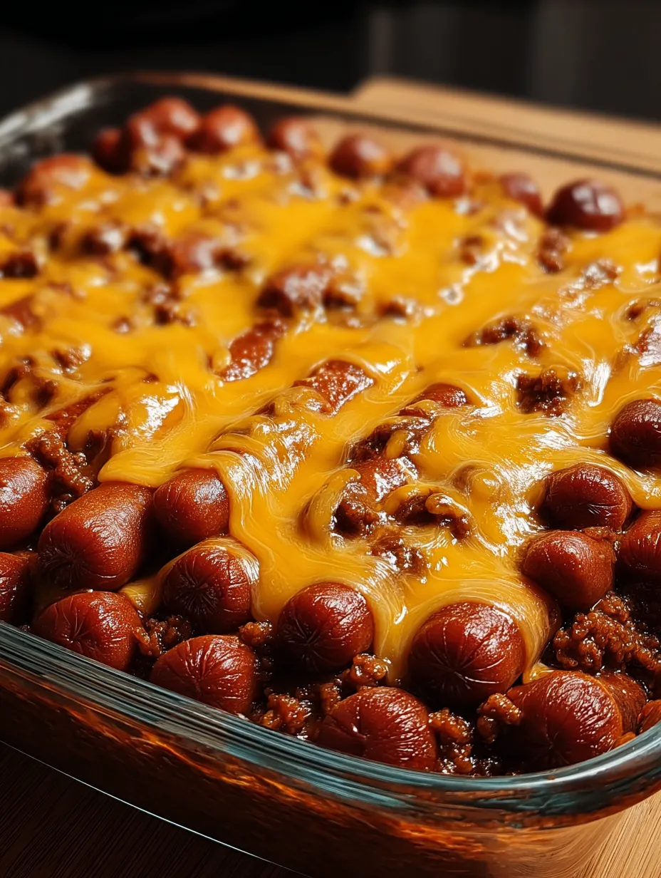 A dish of chili with hot dogs on top.