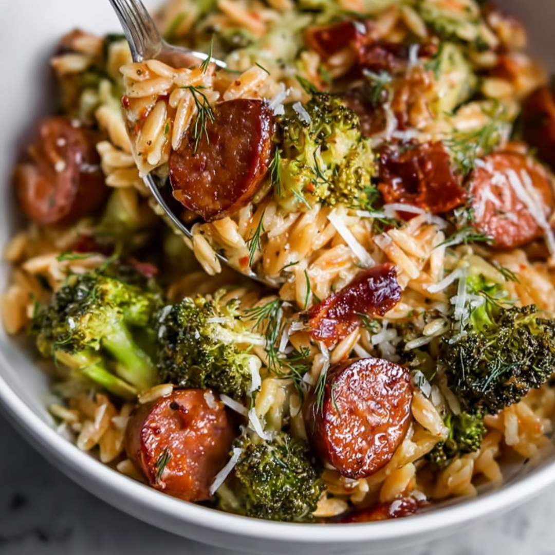 Pasta tossed with sausage and broccoli in a bowl.