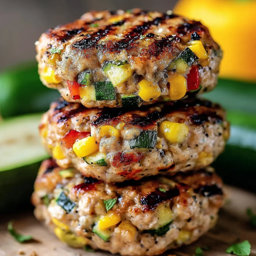 Stacked chicken patties topped with veggies.