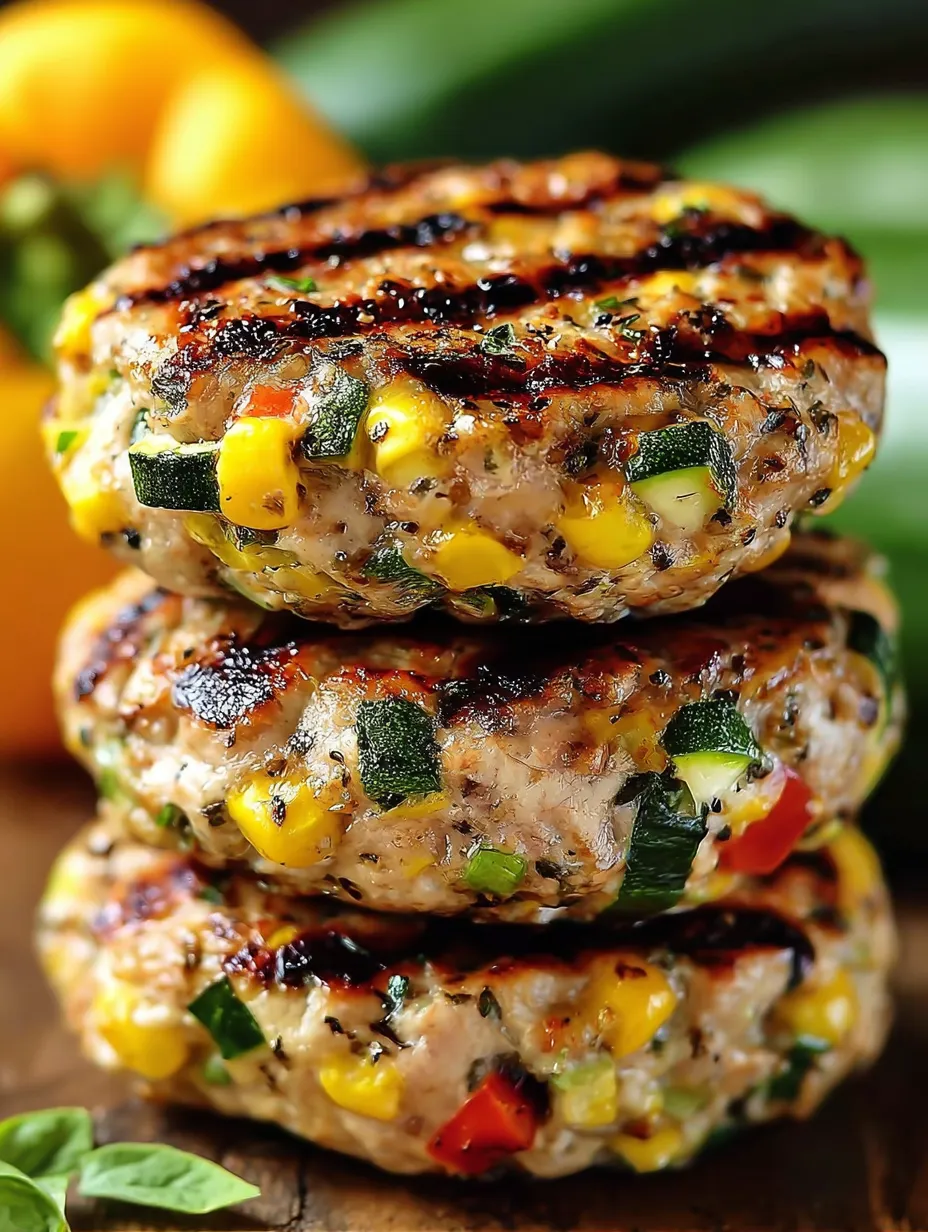 Burgers stacked up with corn and zucchini showing.
