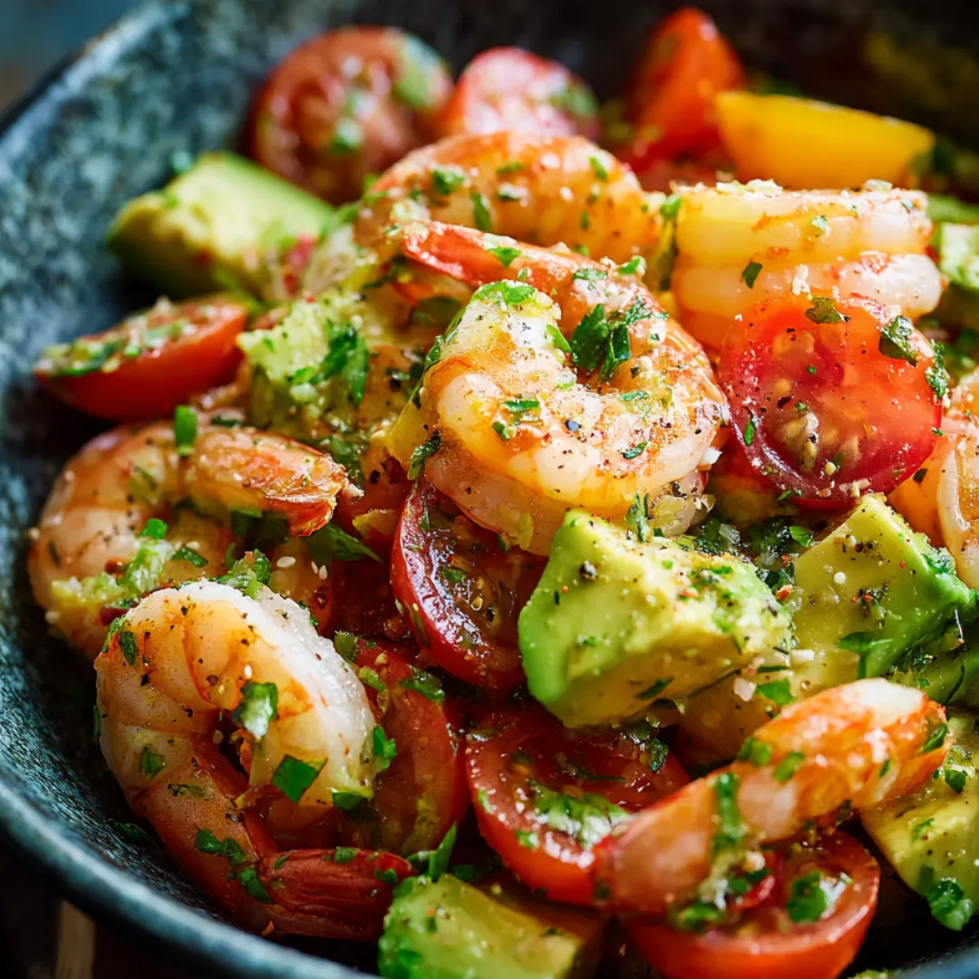 A bowl loaded with shrimp and tomatoes.