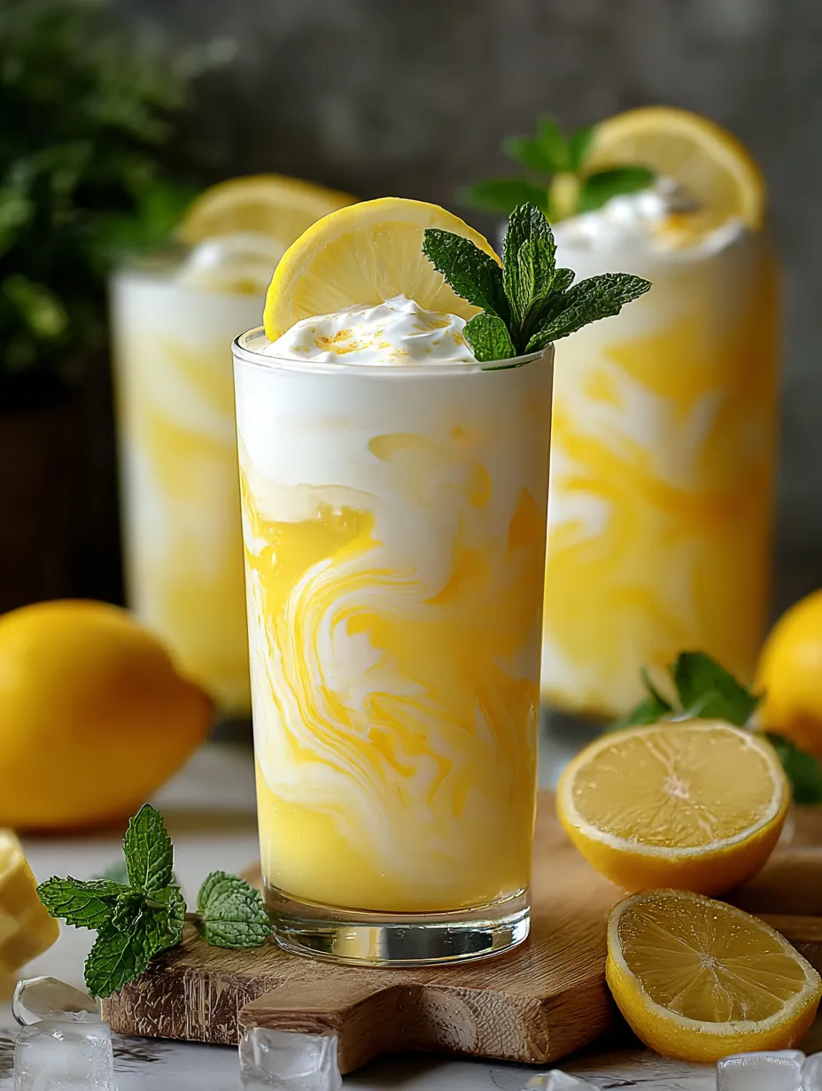 Lemonade in a glass, topped with a lemon wedge.
