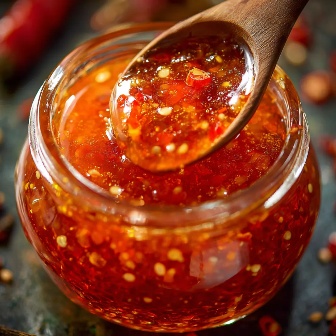 A wooden spoon dips into a jar of bright red chili sauce.