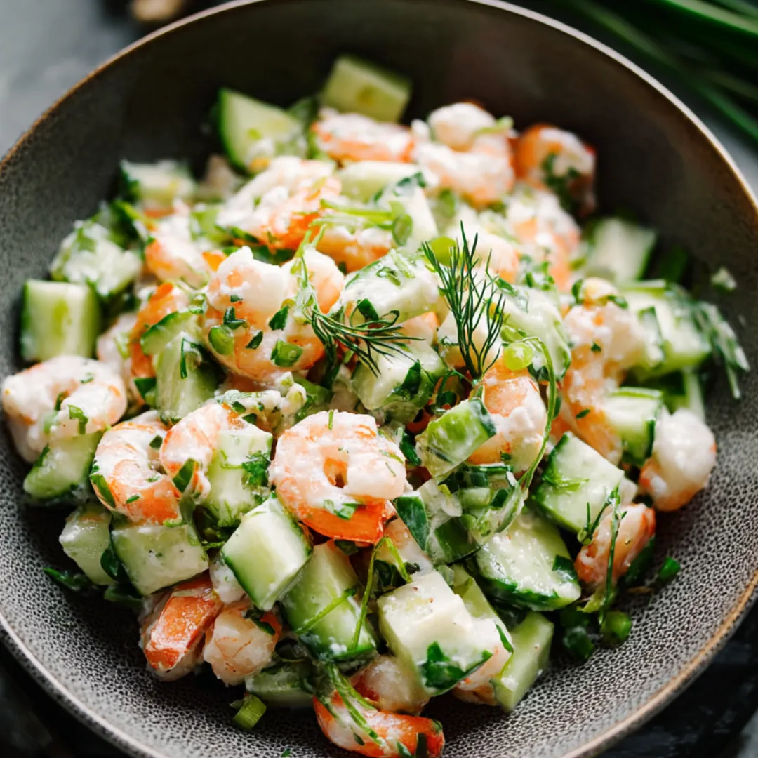 Shrimp and cucumber chunks mixed with fresh herbs in a bowl.