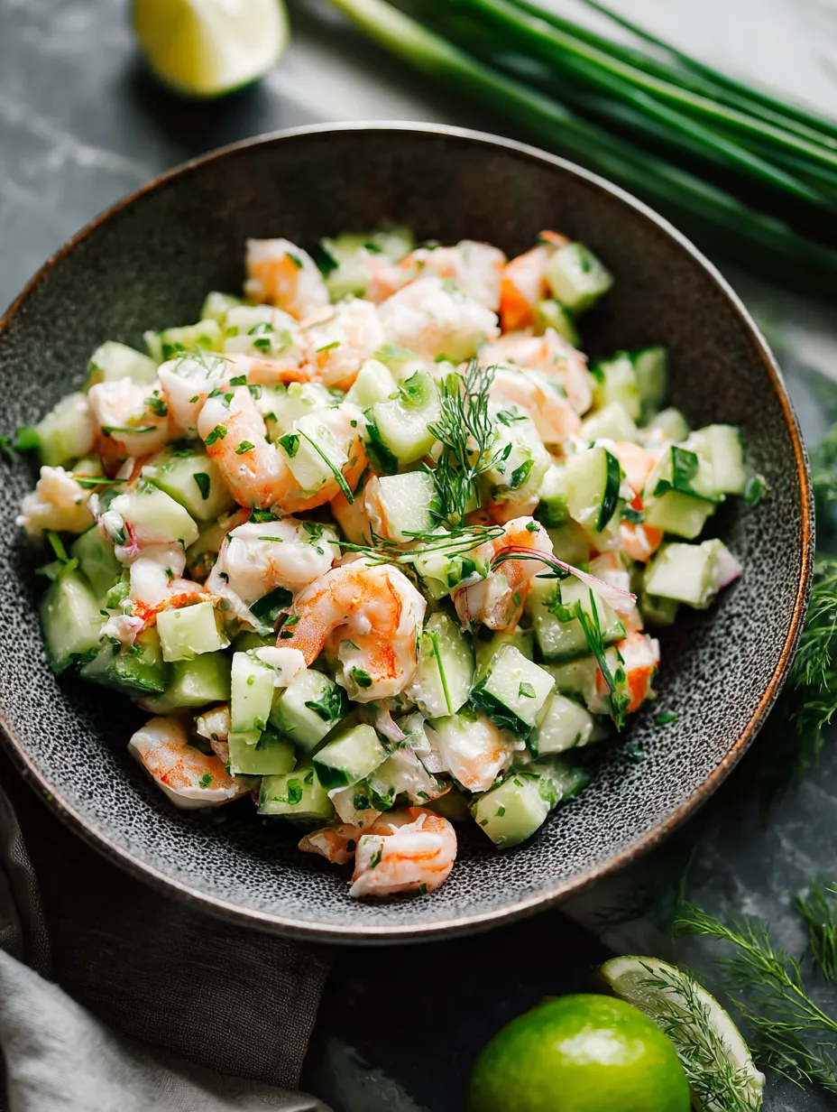 A bowl packed with shrimp, cucumbers, and fresh herbs.