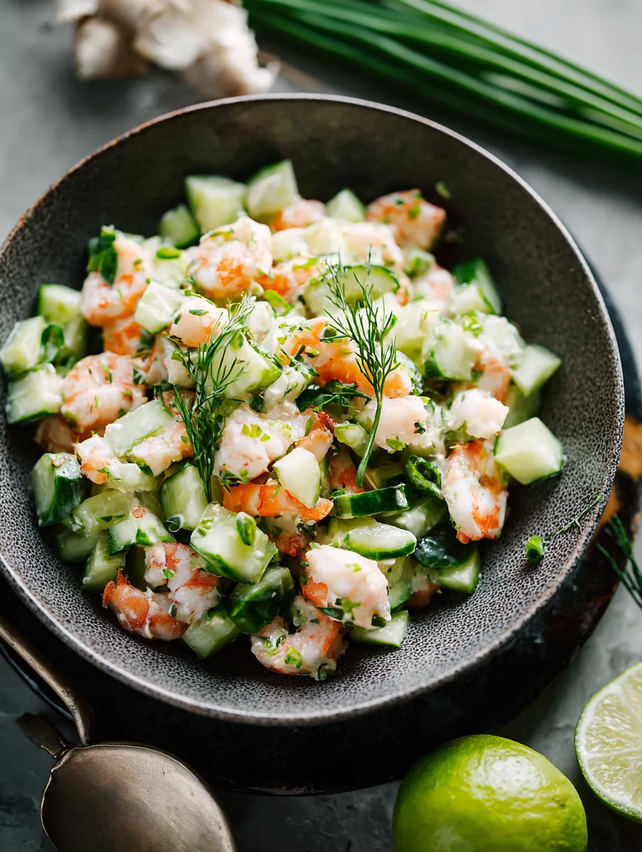A bowl packed with shrimp, cucumbers, and fresh herbs.