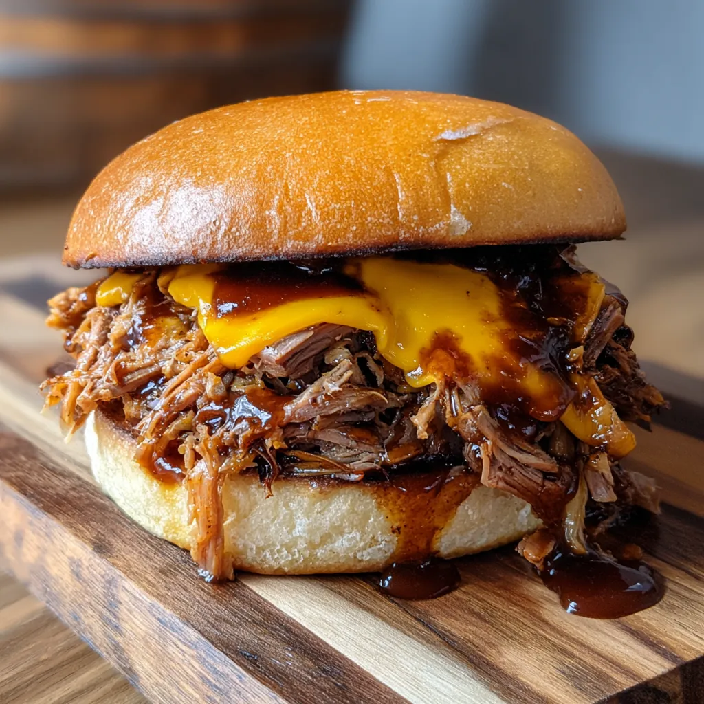 Close-up view of a saucy beef sandwich.