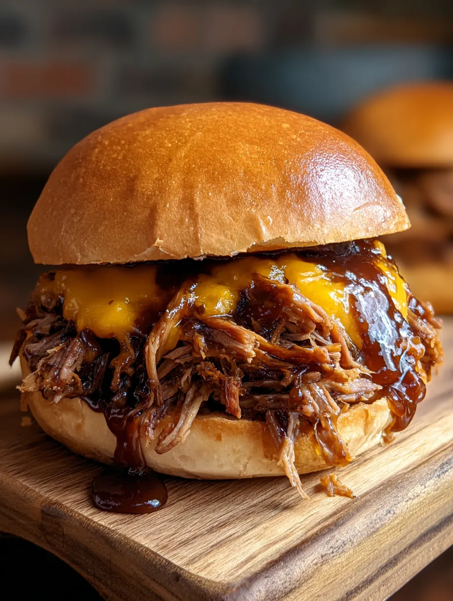 Close-up bite of a juicy pulled beef sandwich.