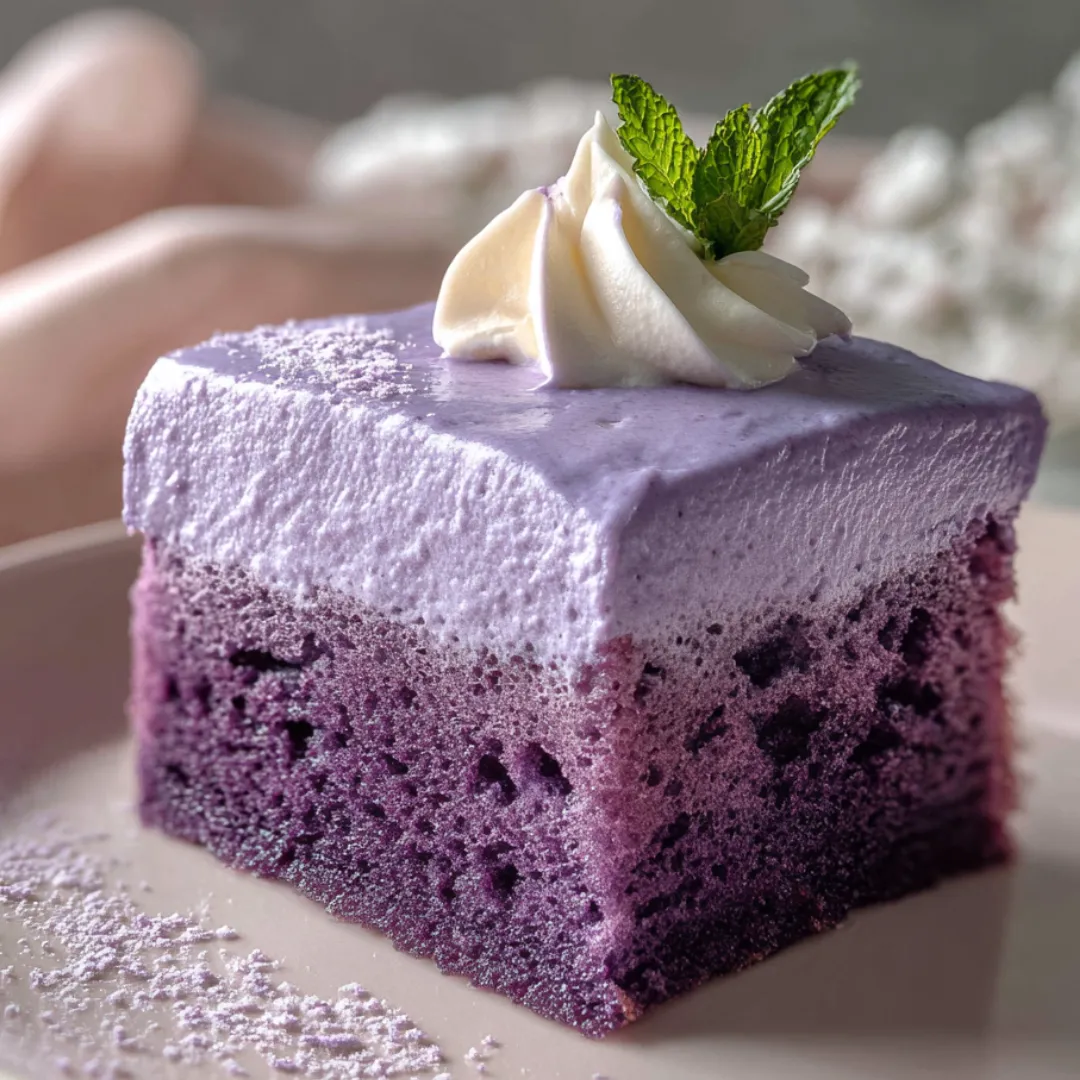 Piece of purple cake, topped with mint, sitting on a plate.
