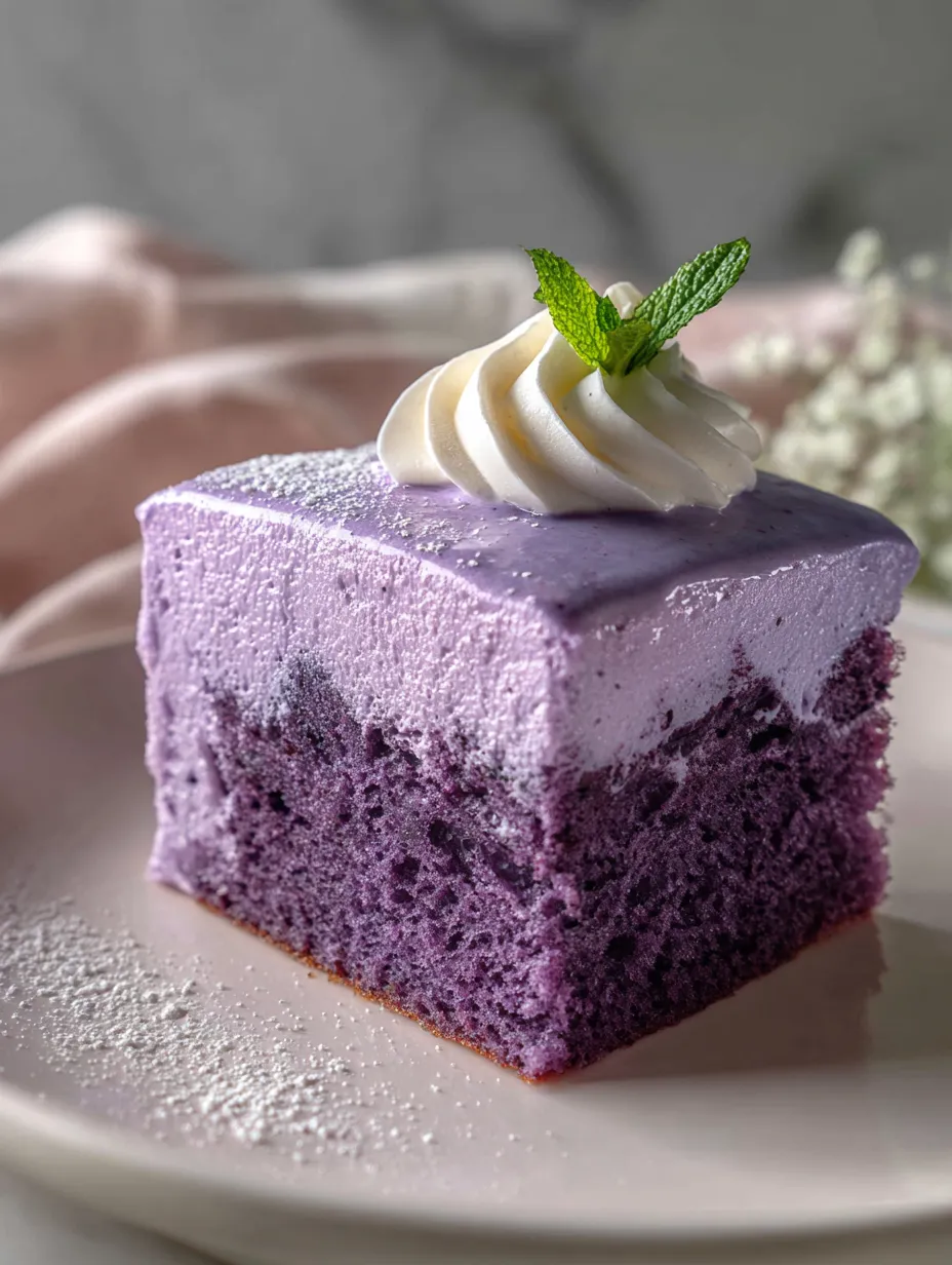 A wedge of purple cake with fluffy cream piled on top.
