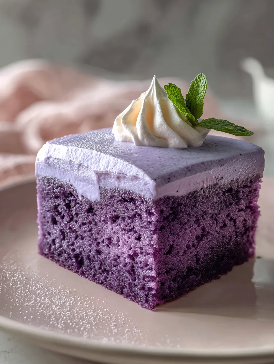 Slice of vivid purple cake crowned with white cream.