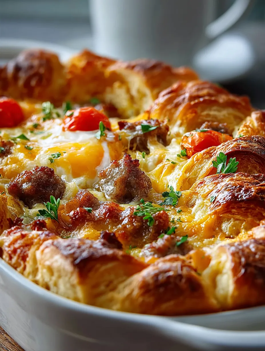 A cheesy baked dish with tomato and sausage.