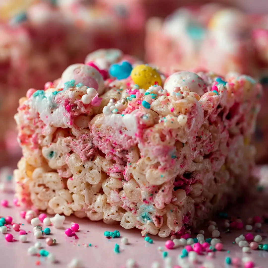Square treat bars topped with marshmallows and sprinkles.